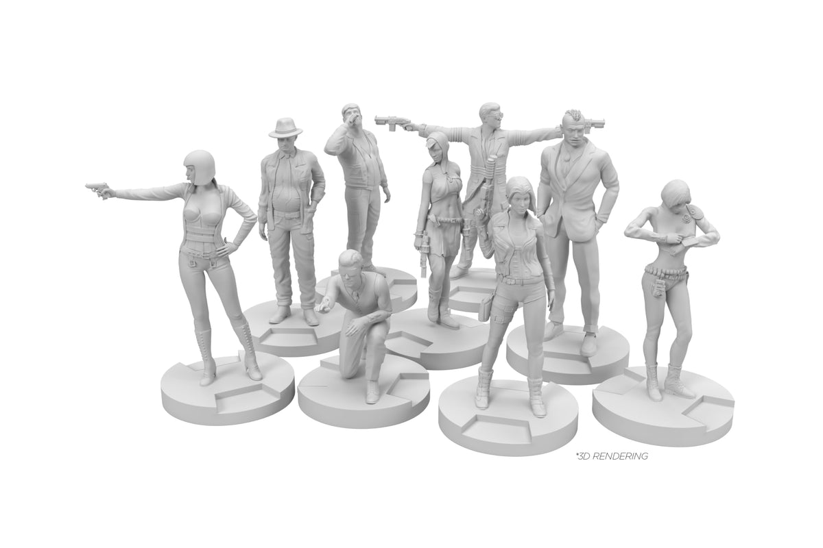 LA-1 Miniatures Expansion by Trick Or Treat | Ages 14+ | 9 Cyber-Noir Investigator Figures | 45mm Plastic Board Game Miniatures to Replace Standees or