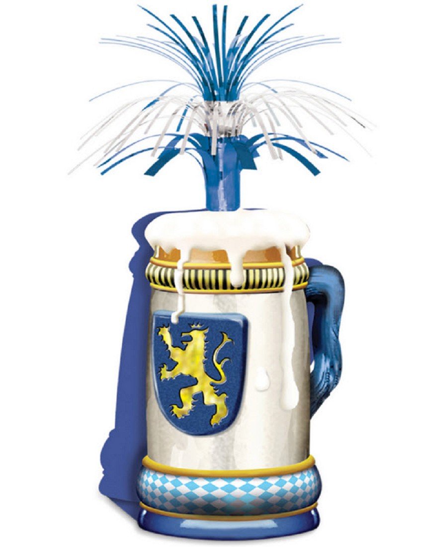 Beistle Oktoberfest Centerpiece - Festive Double-Sided Bavarian Beer Stein Table Decoration with Metallic Fringe Top, Blue and White German Party