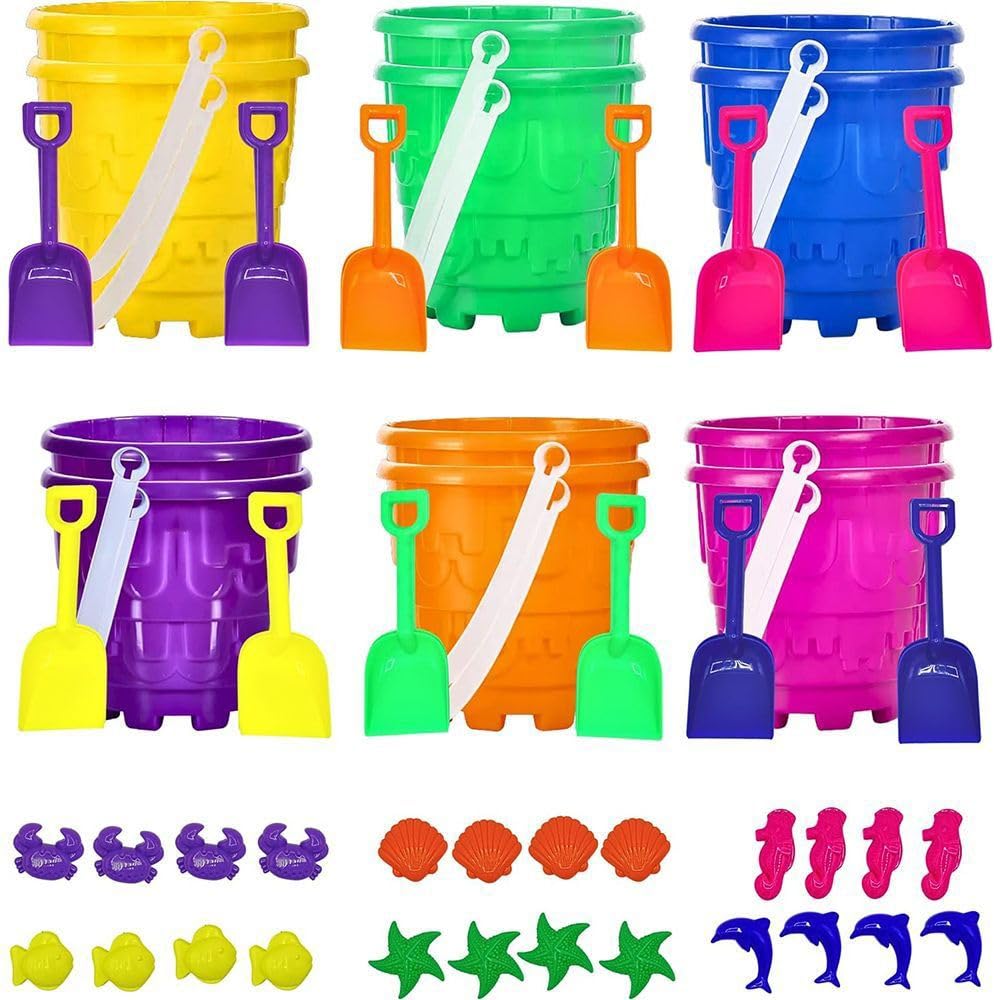 4E's Novelty 12 Sets Beach Toys - Includes 12 Sand Buckets, 12 Shovels, 24 Sand Molds for Kids - Small 5.75" Beach Buckets Bulk, Summer Party Favors