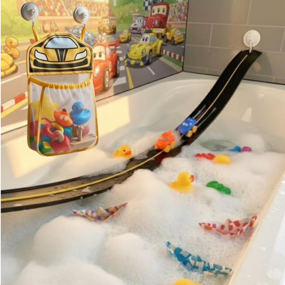 FLXTRACK Race Car Bath Toy Organizer, Mesh Storage Bag for Kids