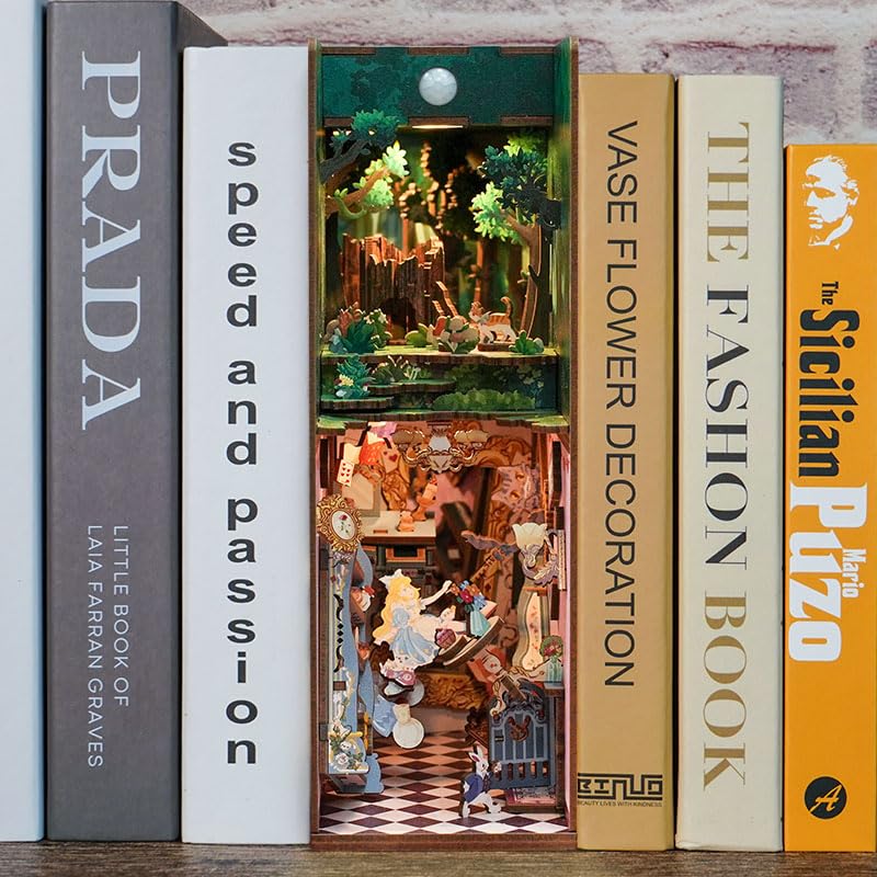 Hands Craft DIY Book Nook Kit - Decorative Miniature House Dollhouse LED Lights Booknook Bookshelf Insert Wooden Puzzle 3D Bookends Book Stand Décor