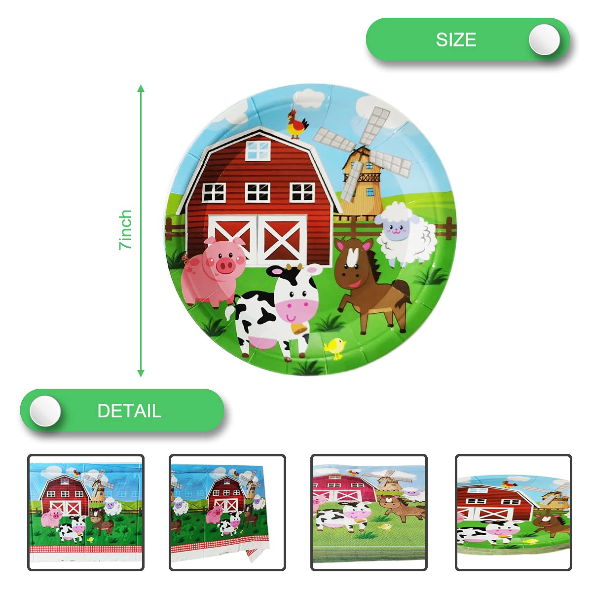 Farm Animal Party Tableware Set, Farmhouse 20 Plates and 20 Napkins and Tablecloth 71 '' x 42 '', Farm Animal Themed Party Decoration Supplies