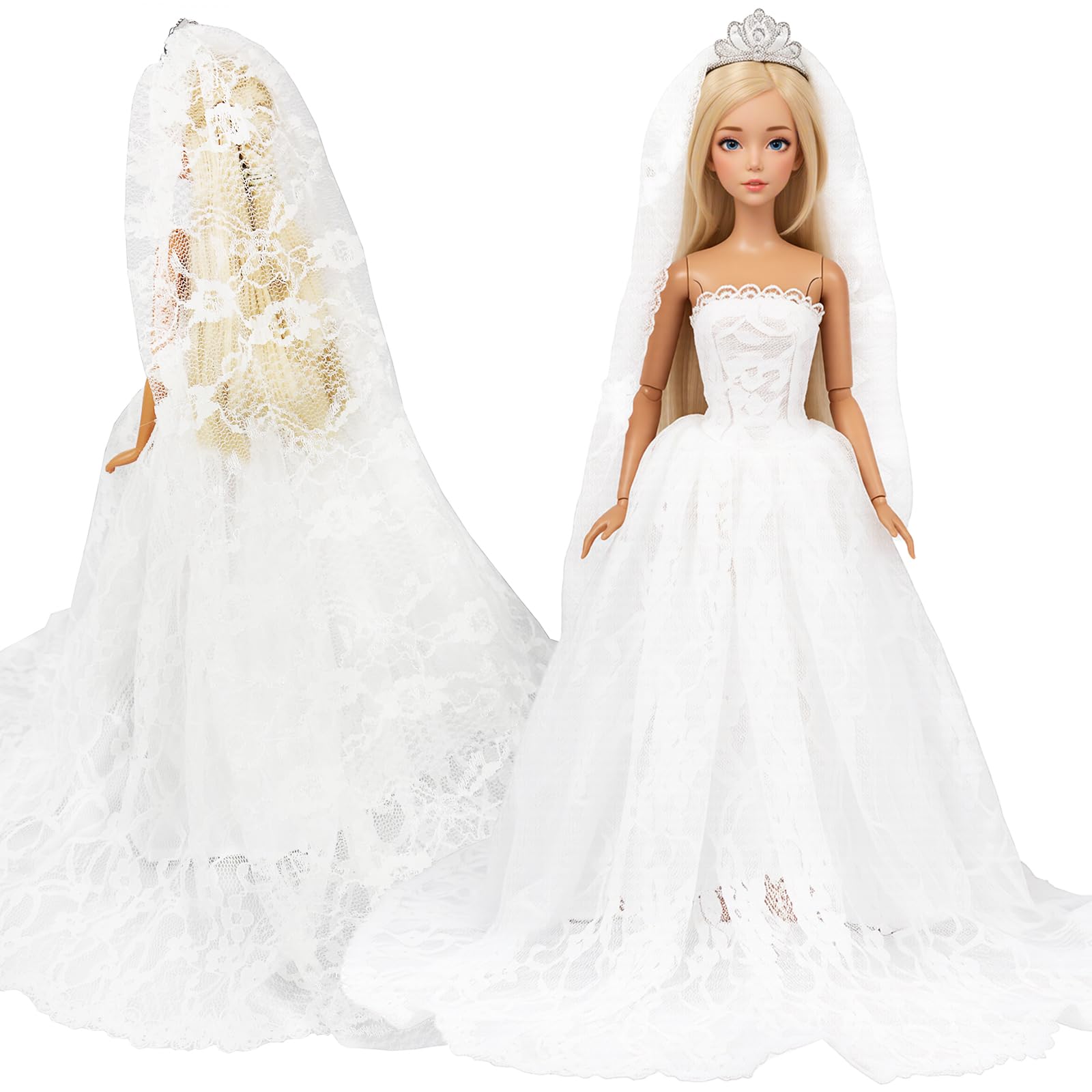 BARWA White Wedding Dress with Long Veil Evening Party Princess White Lace Gown Dress for 11.5 Inch Girl Doll