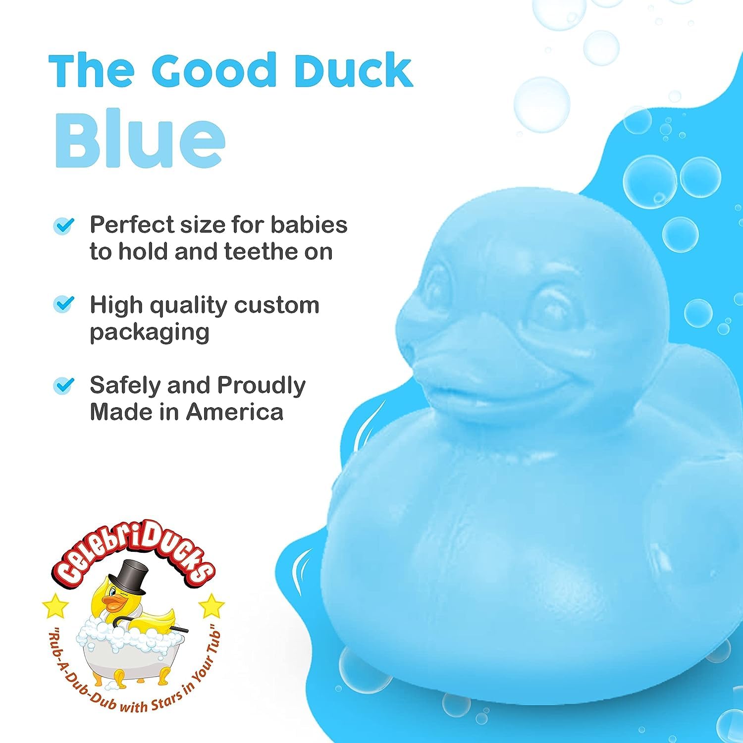 Celebriducks The Good Duck - BPA & PVC Free Rubber Duckie Baby Bath Toy Teether - Baby Blue