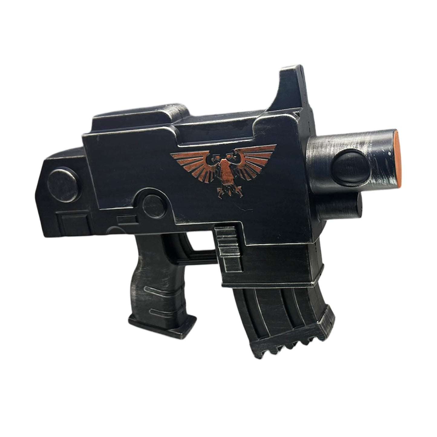 Sci-Fi Inspired Foam Blaster Prop, 11.75” Futuristic Display & Costume Accessory with Copper Emblem, Black/Dark Blue Finish