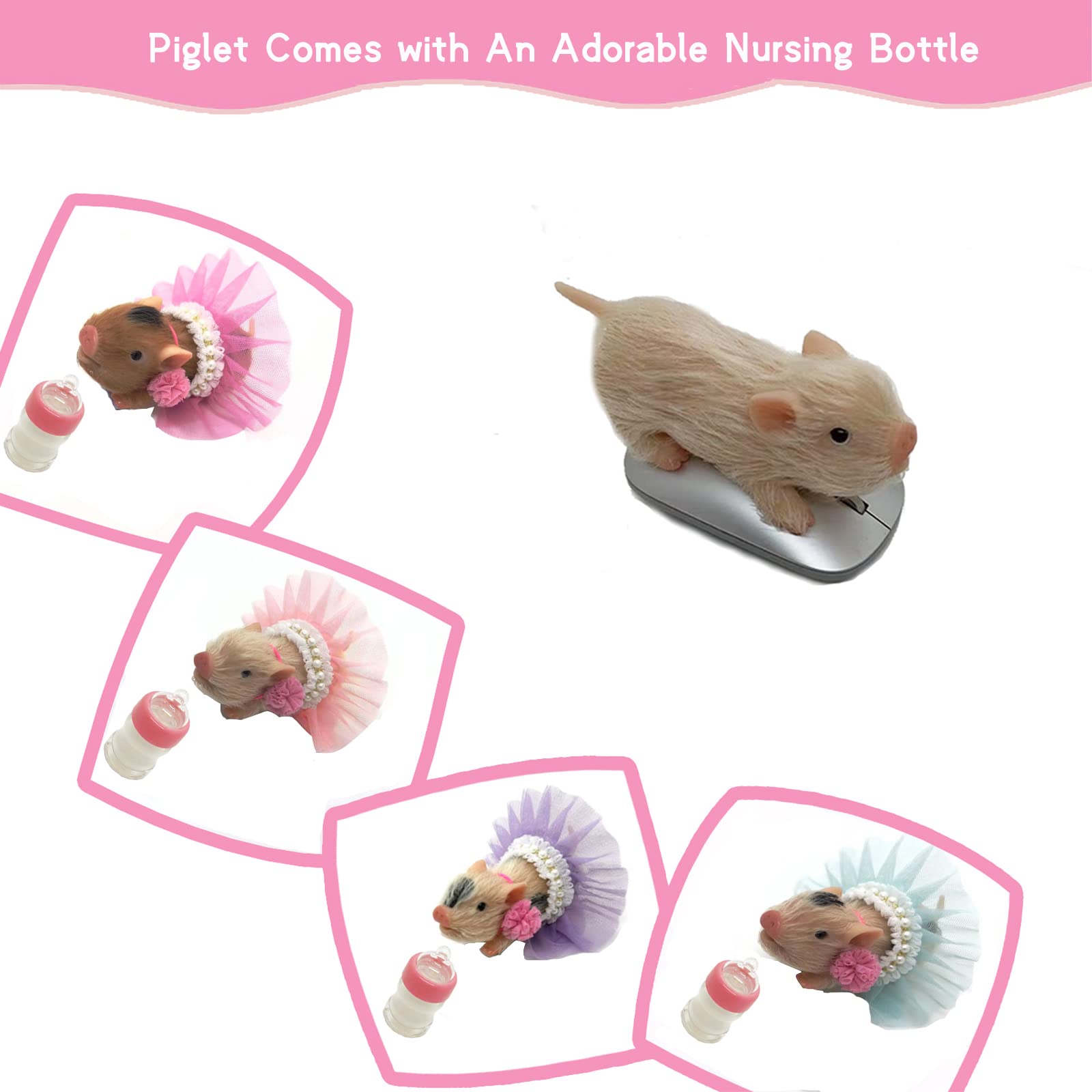 VOLOBE Silicone Piglet, 5 Inches Soft Mini Realistic Piglet with Sleeping Pad Accessories for Kids Boy Girl Birthday (Dora)