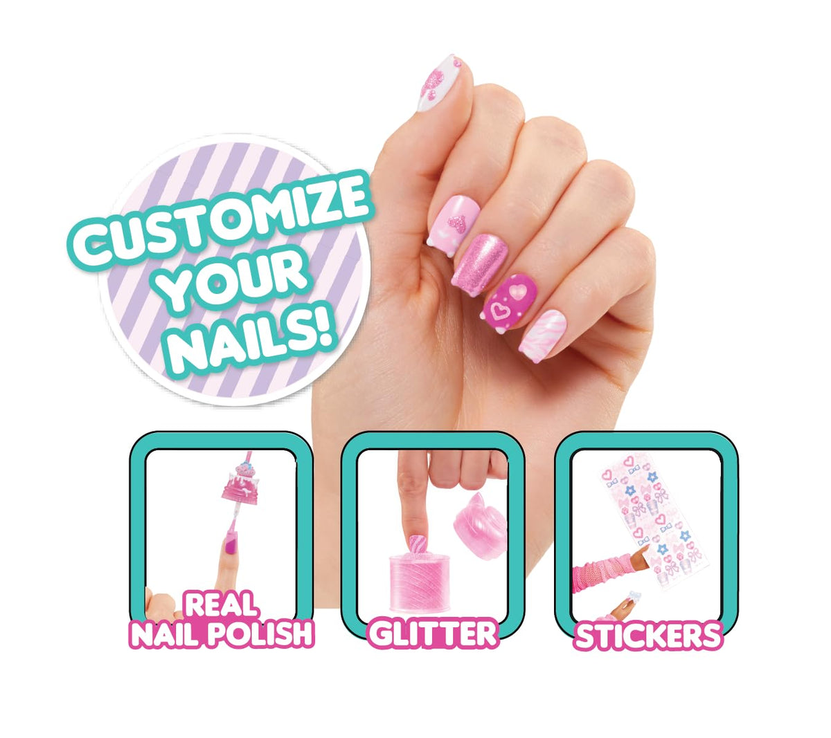 LOL Surprise OMG Sweet Nails - Kitty K Café with 15 Surprises, Including Real Nail Polish, Press On Nails, Sticker Sheets, Glitter, 1 Fashion Doll,