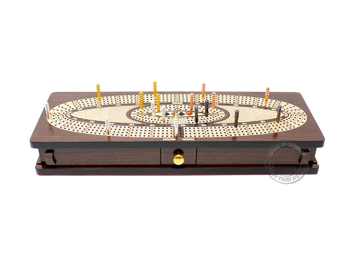 House of Cribbage - Continuous Cribbage Board/Box Inlaid in Wenge Wood/Maple : 4 Track - Sliding Lids, Drawer & Metal Pegs with Score Marking Fields