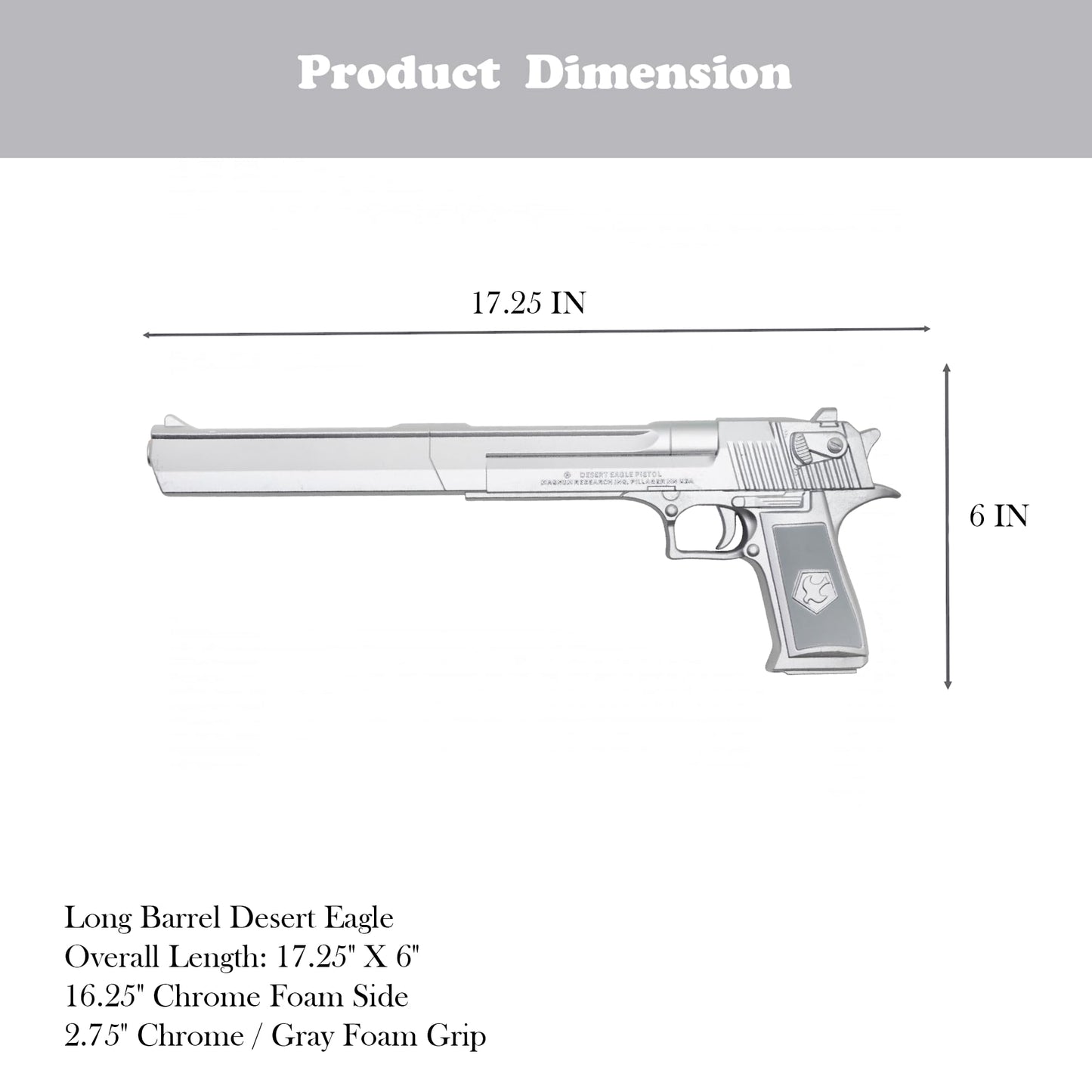 Long Barrel Chrome Foam Pistol - 17.25" Silver Fantasy Hand Cannon Prop | PU Foam Cosplay Weapon for Costume, Roleplay & Display
