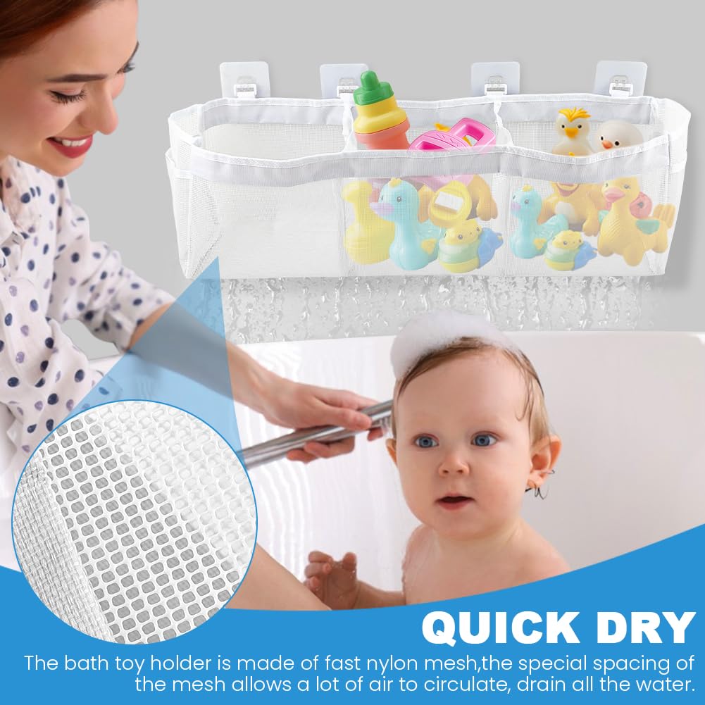 JIANWEI Bath Toy Organizer, 3 Compartment Bathtub Toy Storage Bag, Quick Access Bath Toy Holder with 4 Hooks, Mesh Shower Caddy Practical Supplies