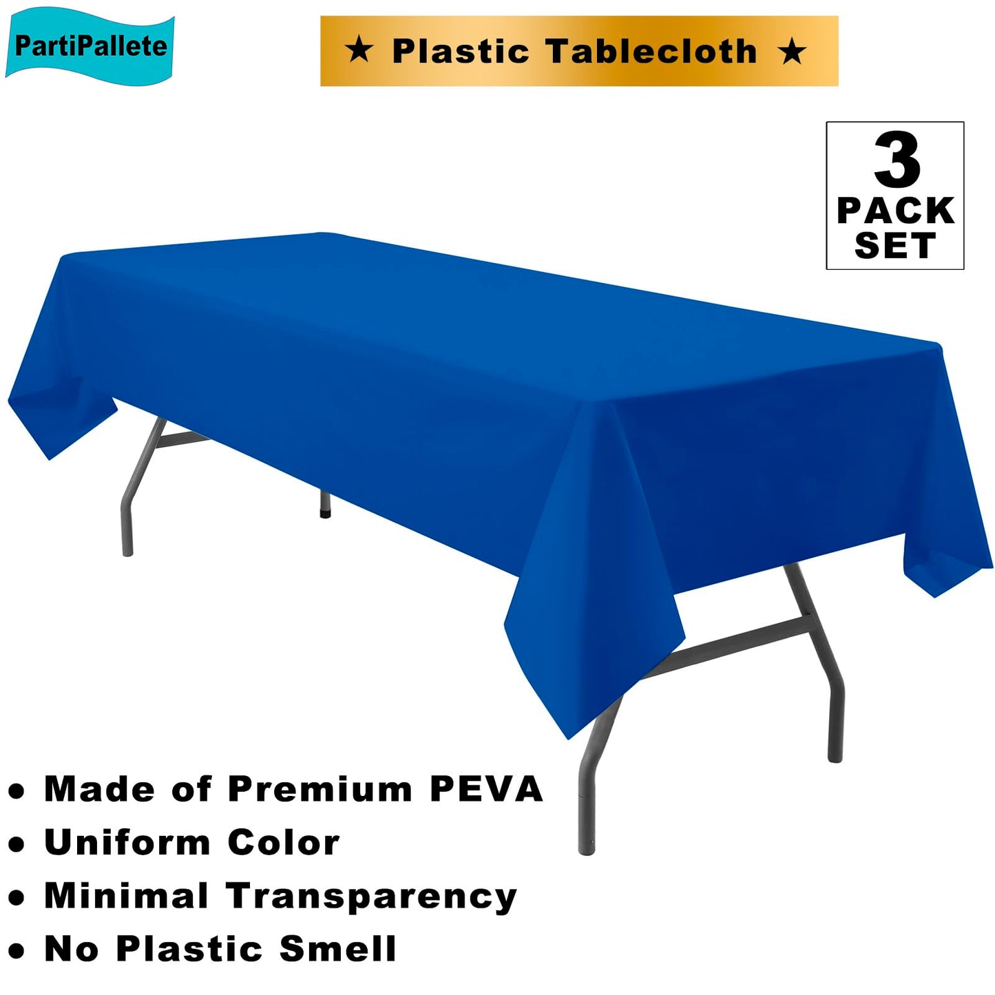 PartiPallete 3-Pack Premium Plastic Dark Royal Blue Tablecloth Disposable 54" x 108" Rectangle Table Cover PEVA Party Sapphire Ocean Blue Table Cloths