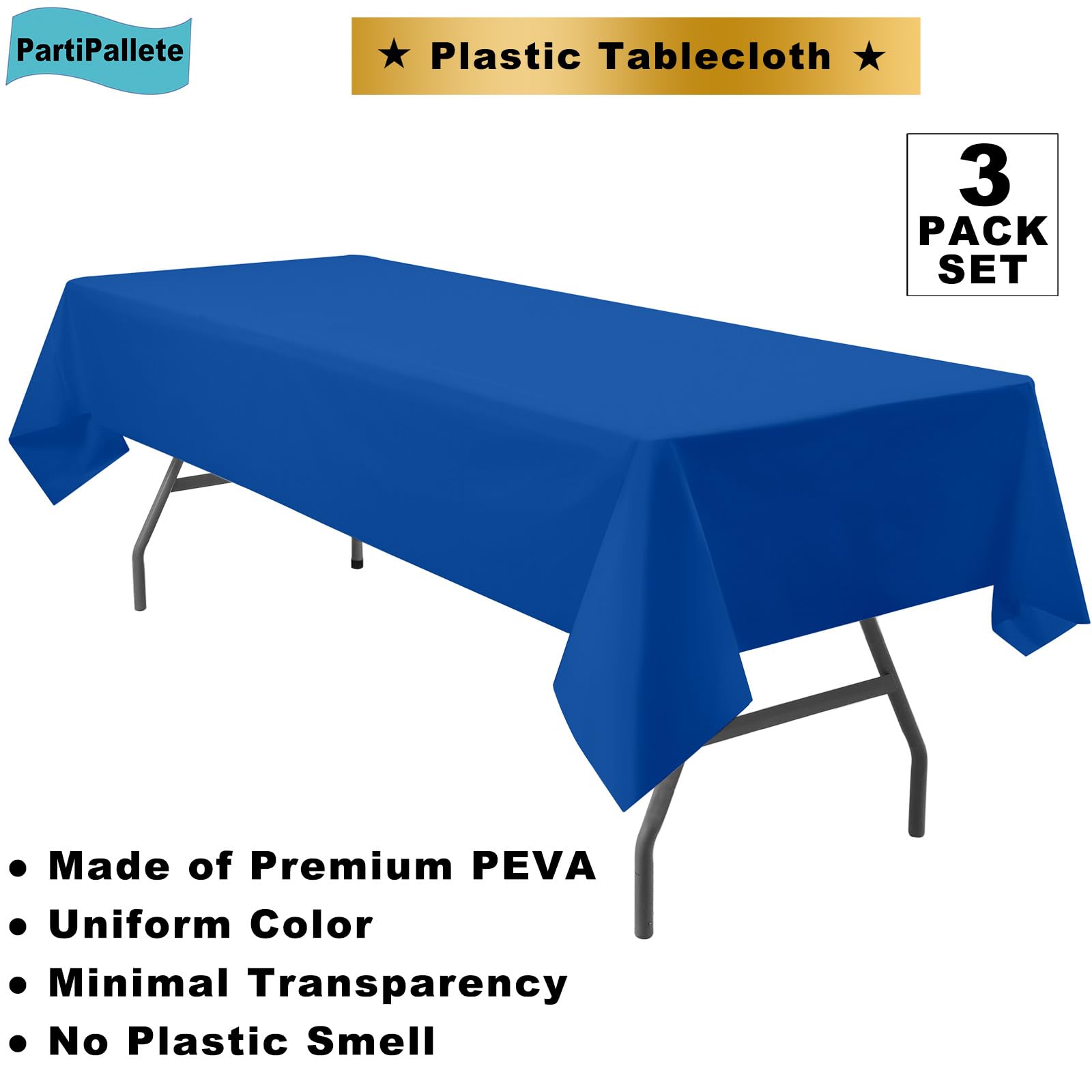 PartiPallete 3-Pack Premium Plastic Dark Royal Blue Tablecloth Disposable 54" x 108" Rectangle Table Cover PEVA Party Sapphire Ocean Blue Table Cloths
