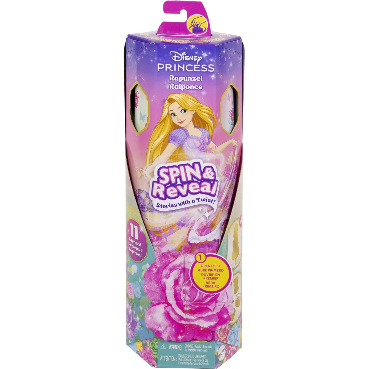 Mattel Disney Princess Rapunzel Fashion Doll Set, Spin & Reveal with 11 Surprises Including 5 Accessories, 5 Stickers & Play Scene, Inspired by Movie