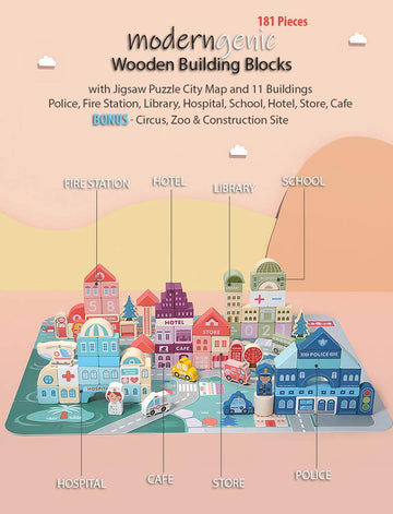 moderngenic 181pcs 'Streetscape' Wooden Building Block Set for Toddlers, Jigsaw Puzzle City Map, 11 Buildings (3 Extra Bonus: Circus, Zoo