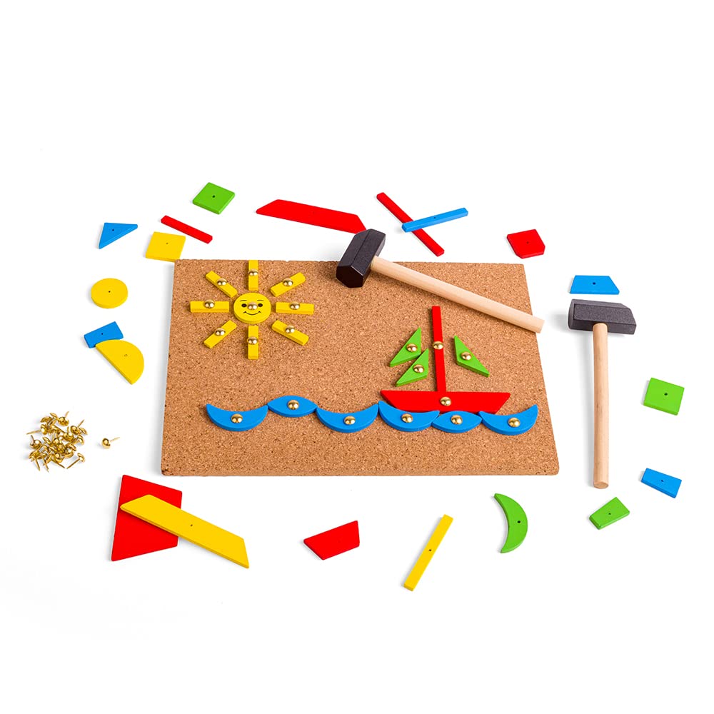 Bigjigs Toys Pin-a-Shape Set | Tap Art Kit with Pin Board & Wooden Shapes | Kids Peg Toy with Mini Hammer | Toddler Montessori Game | Educational