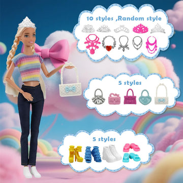 35 Pcs Doll Accessory Set for 11.5 Inch Fashion Dolls: 5 Generic Crowns, 5 Necklaces, 10 Hangers, 5 Pairs Shoes, 5 Bags, 2 Pairs Glasses, 2 Bracelets