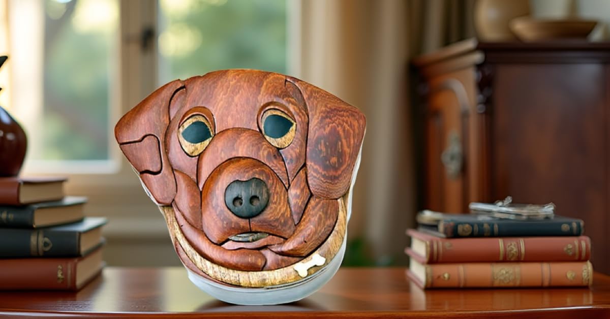 Dog - Natural Wood Intarsia Puzzle Box - Handcrafted with Secret Compartment