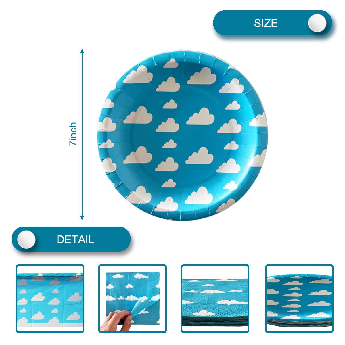 Blue Sky White Clouds Birthday Party Supplies, 20 Plates and 20 Napkins and Tablecloth71 '' x 42.5 '', Blue Sky Cartoon Theme Birthday Party