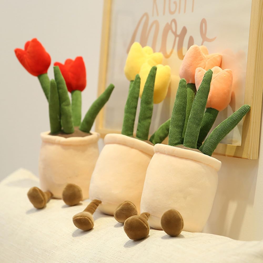 NatureMan Tulip Flower Plush Toy, 13.8" Tulip Flower Pot Stuffed Throw Plushie Pillow Doll, Soft Fluffy Plant Friend Hugging Cushion - Present