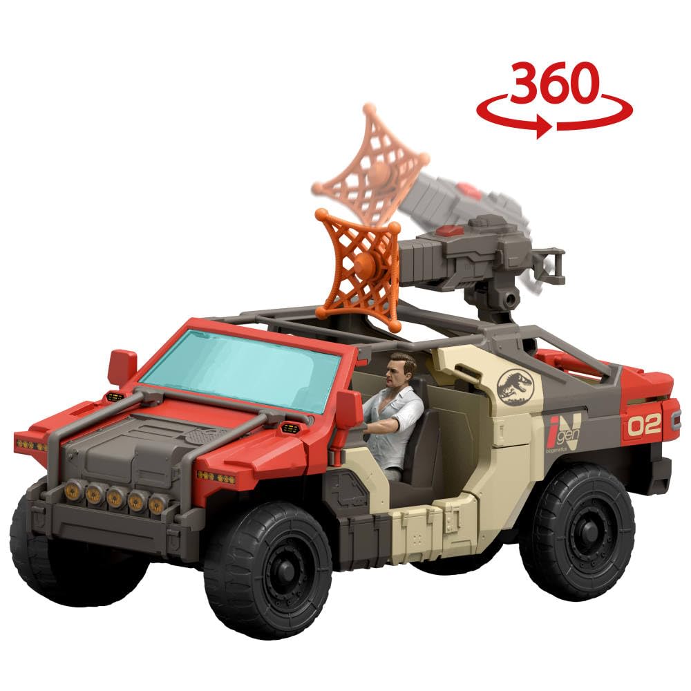 Mattel Jurassic World Rebirth Vehicle with 1 Human & 1 Dinosaur Figure, Launch ‘N Battle Truck, Martin Krebs Figure & Raptor, Turret & 2 Projectiles