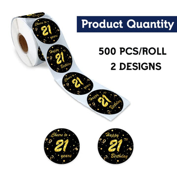 REWIDPARTY Black Gold 21st Birthday Stickers - Cheers to 21 Years, Anniversary Party Decorations - Adhesive Stickers (500 Per Roll)