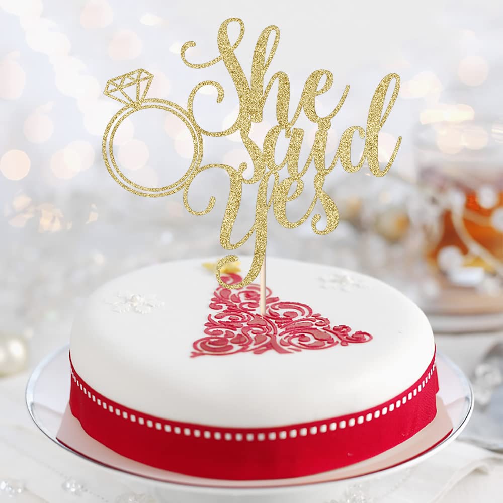 PALASASA She Said Yes Gold Glitter Ring Cake Topper Engagement Party Decor