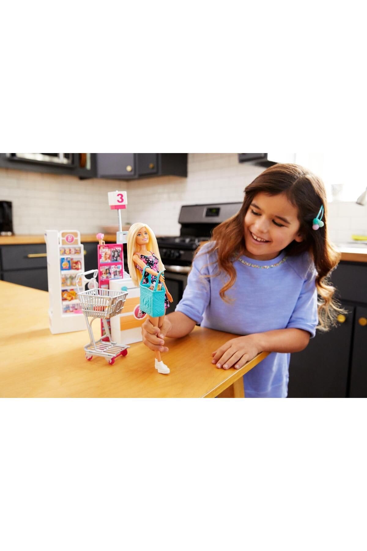 Barbie Doll & Playset, Supermarket with 25 Grocery Store-Themed Accessories Including Food, Check-Out Counter & Shelves