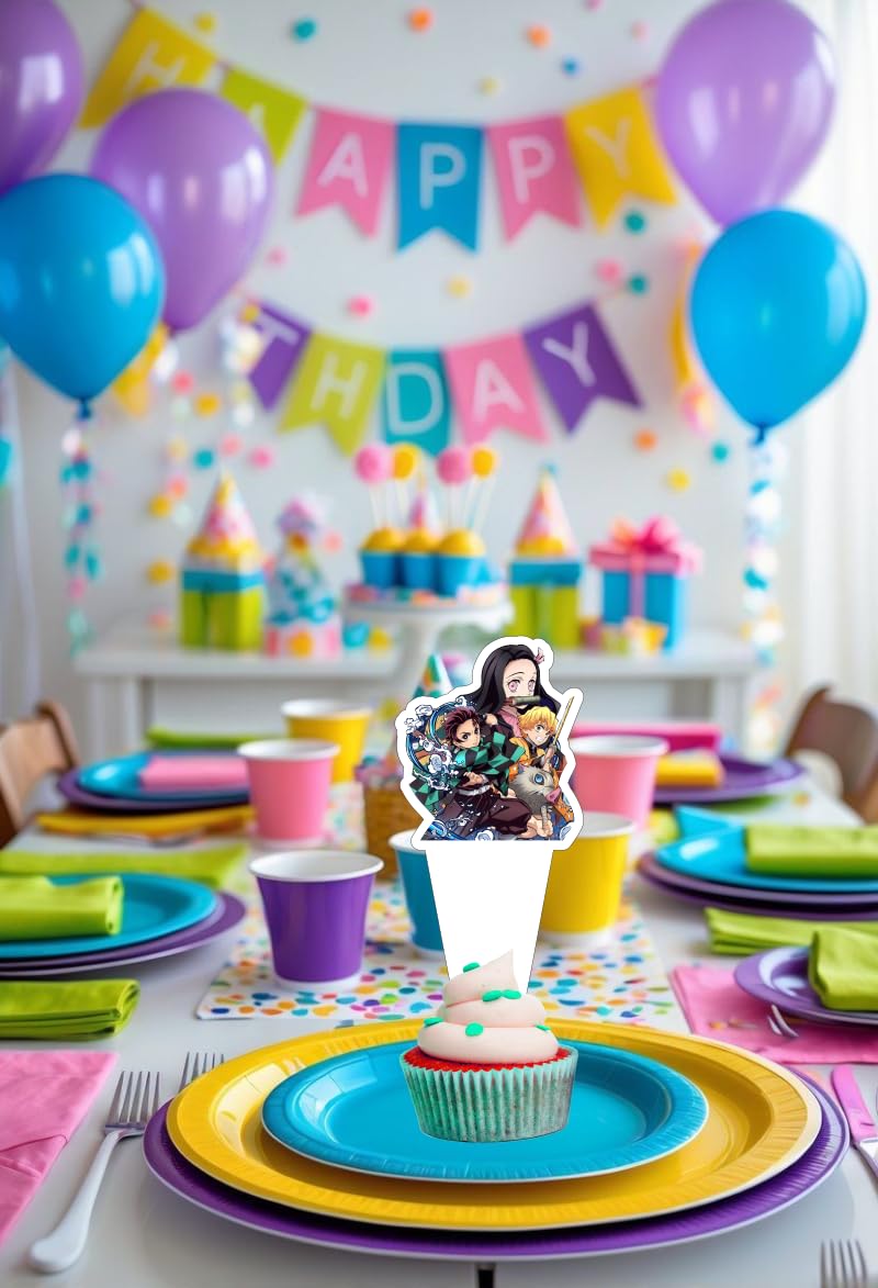 30pcs Demon Cake Decorations with 30pcs Cupcake Toppers Party Supplies for Slayer Themed Birthday Decorations