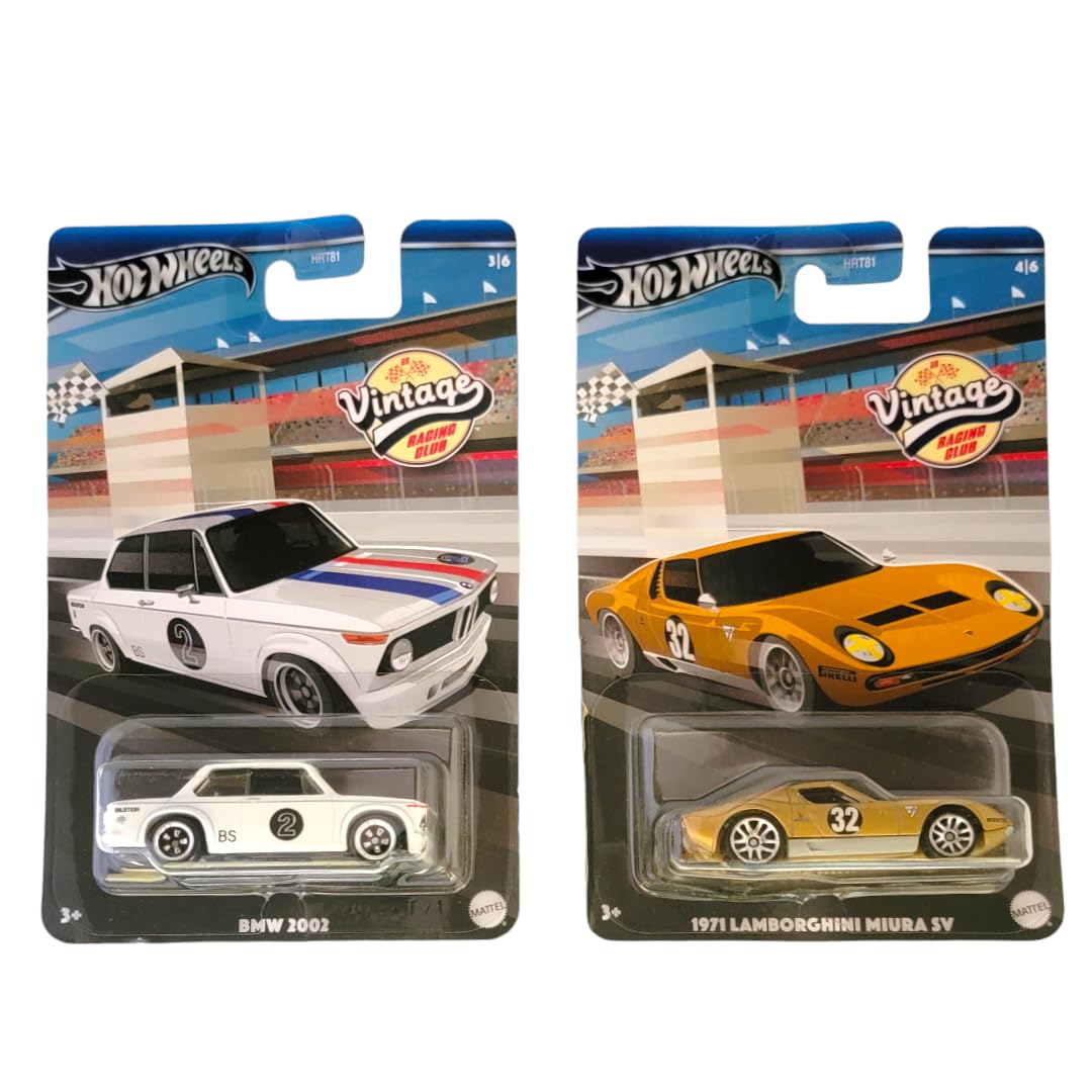 Hot Wheels 2024 Vintage Racing Club - Bundle of 2 (HRT81?956A) | BMW 2002 & Lamborghini Miura SV | 1:64 Die?Cast Collector Cars - Ages 3+