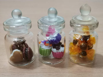 3pc Miniature Food Chocolate Cake Candy Cookie Dollhouse Cake in Clear Glass Mini Bottle Fruit Food #MF091