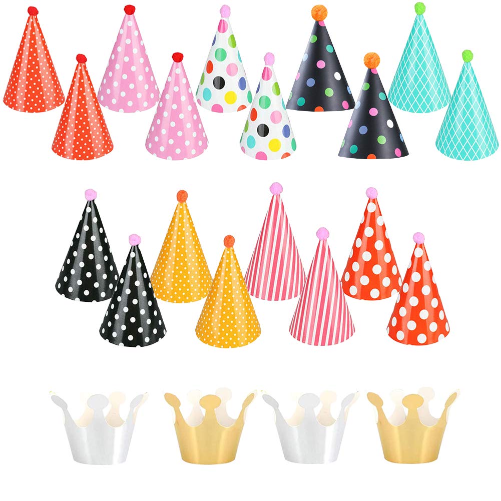 Yocharm 22 PCs Party Hats Birthday Crown Cone Hats DIY Party Favours Hat with Pom Poms Paper Mini Birthday Hats for Kids Adults