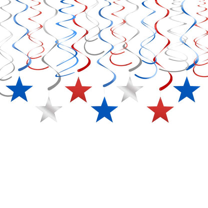30 Pack Patriotic Star Swirl Decorations, Red Blue Silver Foil Streamers for Ceiling, 4th of July Independence Day Graduation Party Supplies