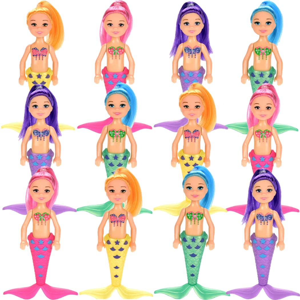 Liberty Imports 12 Pack Mermaid Dolls Pretend Playset - 6" Mini Figures Toy Bundle Set with Removable Accessories - Ideal for Kids, Girls, Party