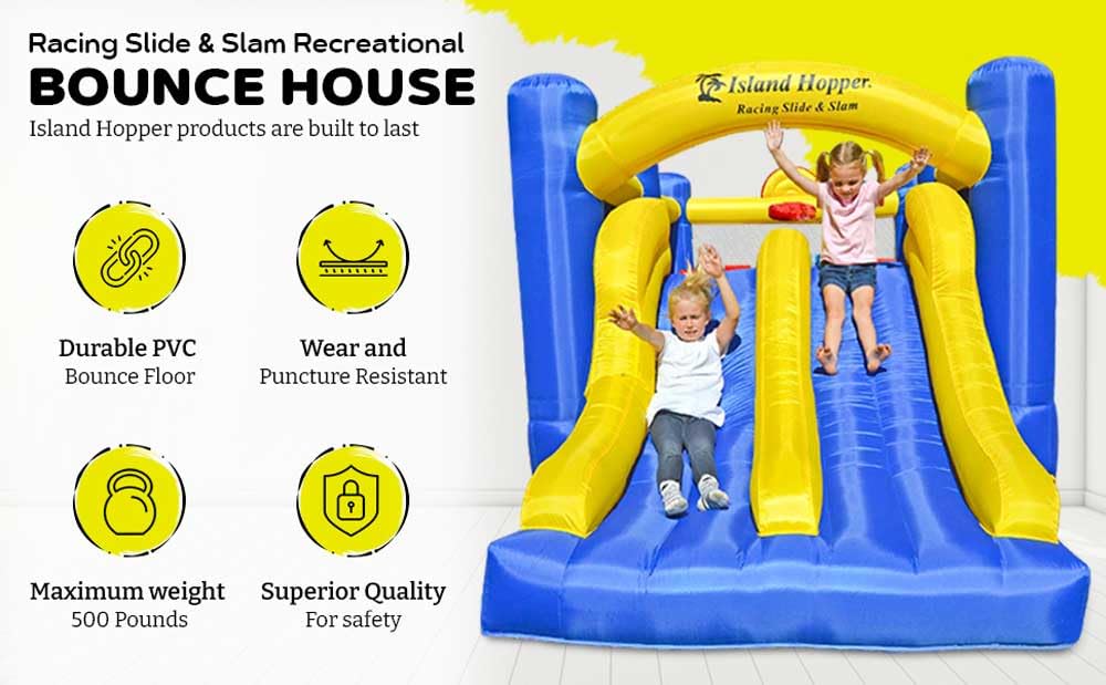Island Hopper Racing Slide and Slam Inflatable Bounce House - Dual Slides, Climbing Wall & Basketball Hoop for Fun - Jumper with Durable PVC Build