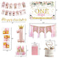 Baby Girl 1st Birthday Decorations Supplies - Balloon Boxes, Pink Gold Balloons Garland Arch Kit?Party Backdrop, High Chair Banner, Crown, Photo