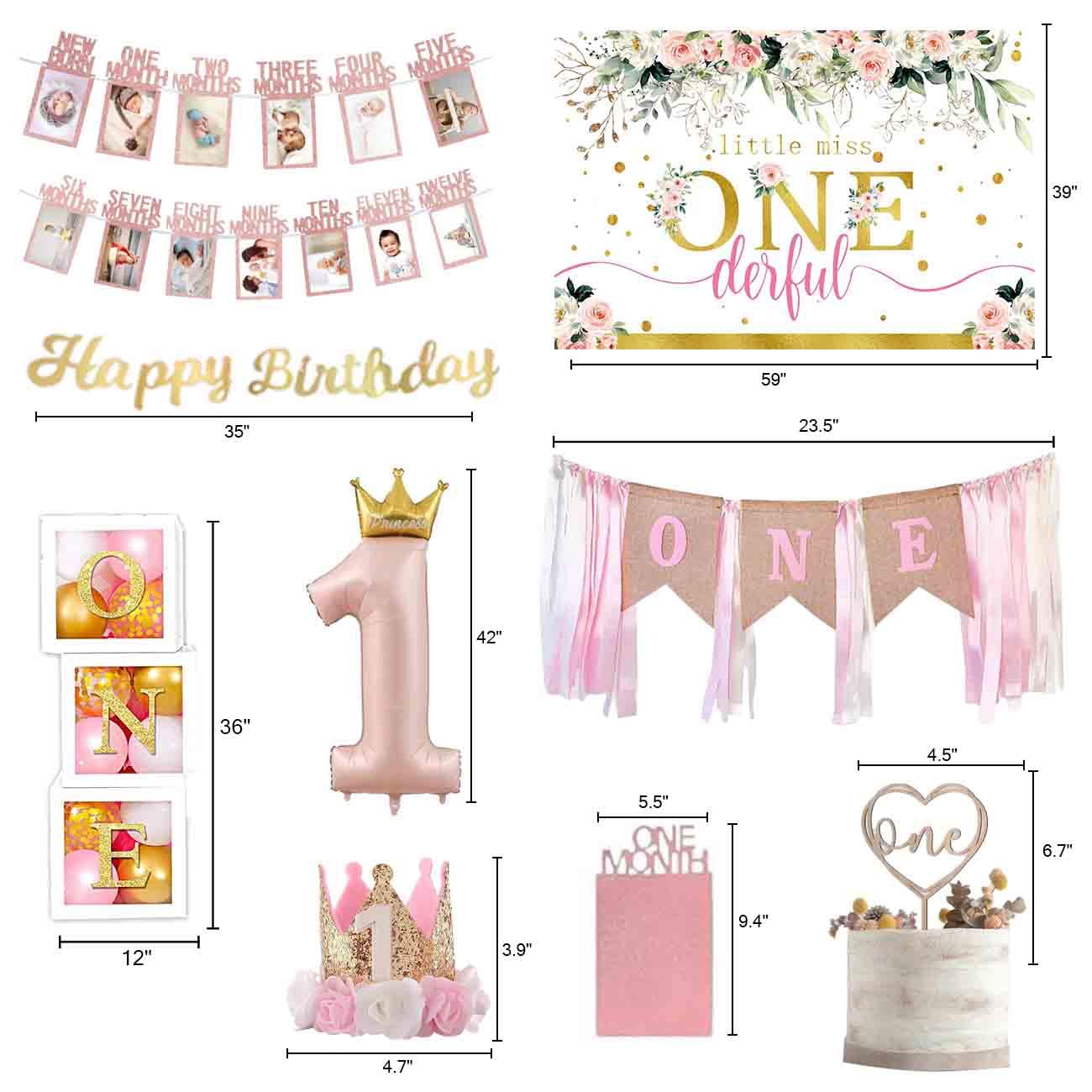Baby Girl 1st Birthday Decorations Supplies - Balloon Boxes, Pink Gold Balloons Garland Arch Kit?Party Backdrop, High Chair Banner, Crown, Photo