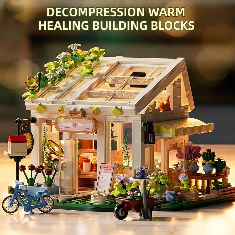 Flowers House Building Set with Lights, Garden Building Kits Sunshine Greenhouse Building Toy for Home Display Decoration Creative Greenhouse Playset