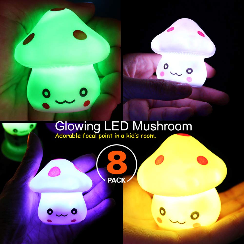 TornadoZ LED Light Up Color Changing Mushroom Toy (8 Pcs) | Multi-Color Flashing LED Night Light Lamp | Cute & Fun Creative Kids Toy | Home, Birthday