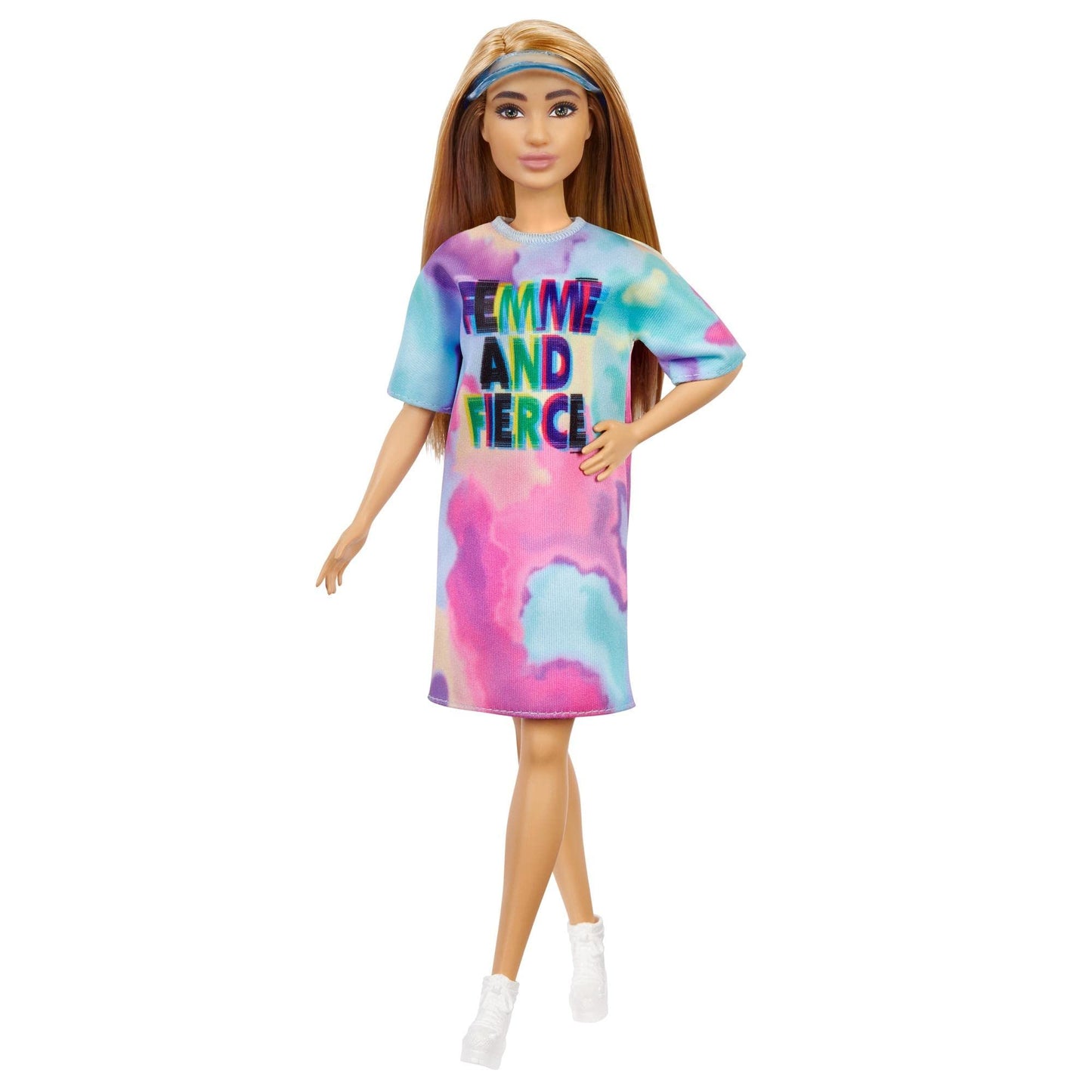 Barbie Fashionistas Doll, Petite, with Light Brown Hair Wearing Tie-Dye T-Shirt Dress, White Shoes & Visor, Toy for Kids 3 to 8 Years Old