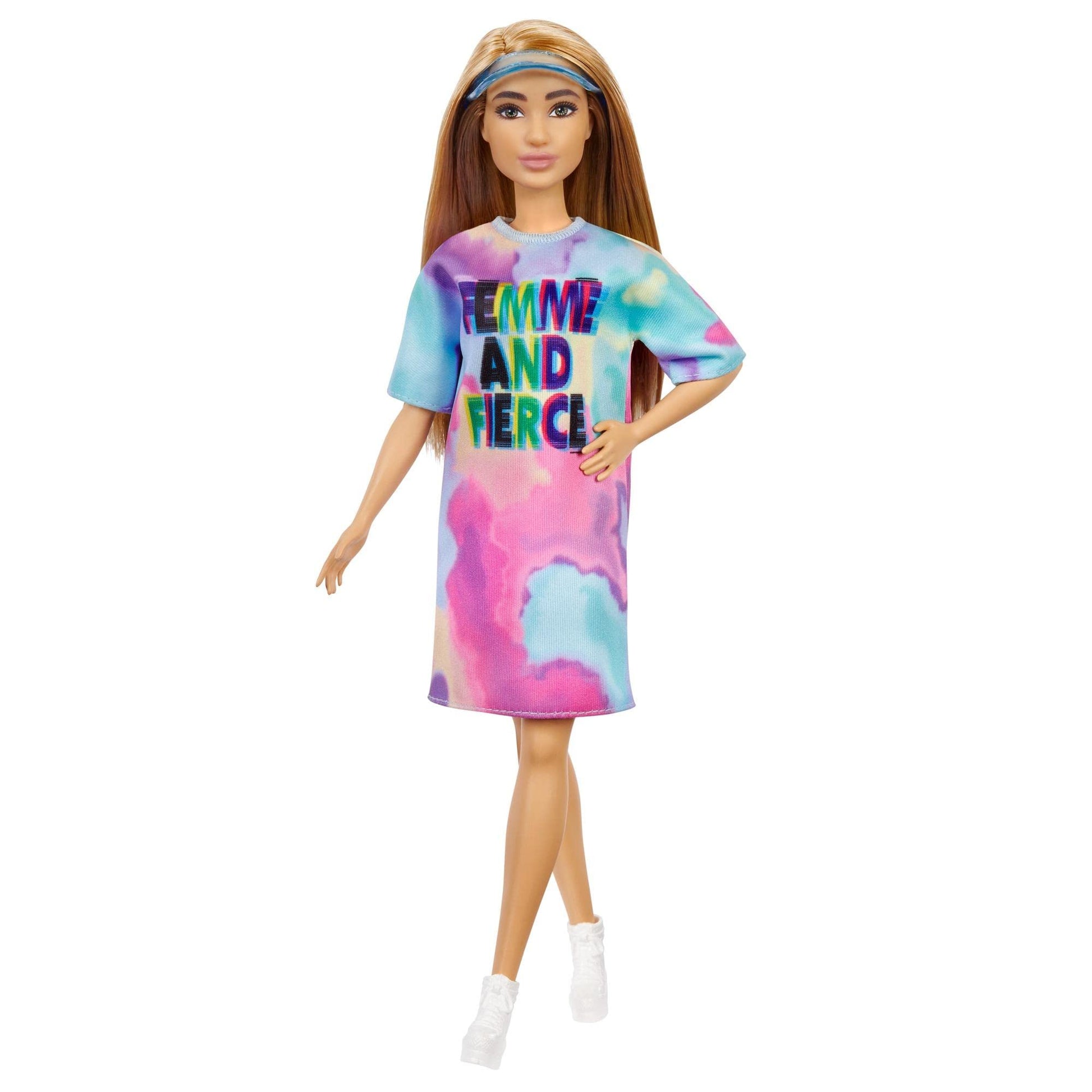 Barbie Fashionistas Doll, Petite, with Light Brown Hair Wearing Tie-Dye T-Shirt Dress, White Shoes & Visor, Toy for Kids 3 to 8 Years Old