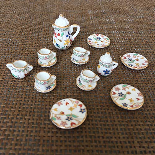 SXFSE 1:12 Dollhouse Miniature Teapot Cup Dish Set, 15PCS Porcelain Tea Cup Set Dollhouse Kitchen Accessories Classic Furniture