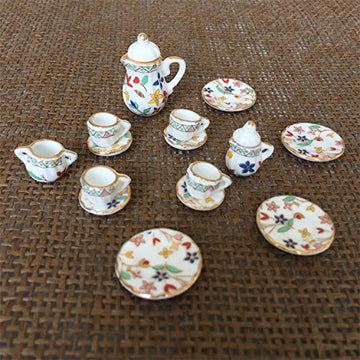 SXFSE 1:12 Dollhouse Miniature Teapot Cup Dish Set, 15PCS Porcelain Tea Cup Set Dollhouse Kitchen Accessories Classic Furniture
