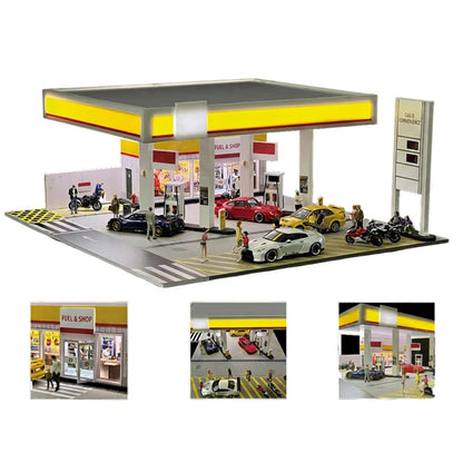 Heligotech 1/64 Scale Gas Station Scene Model, DIY Building Diorama Model Station Building Sets with LED Lights, Creative (Cars & Figures not
