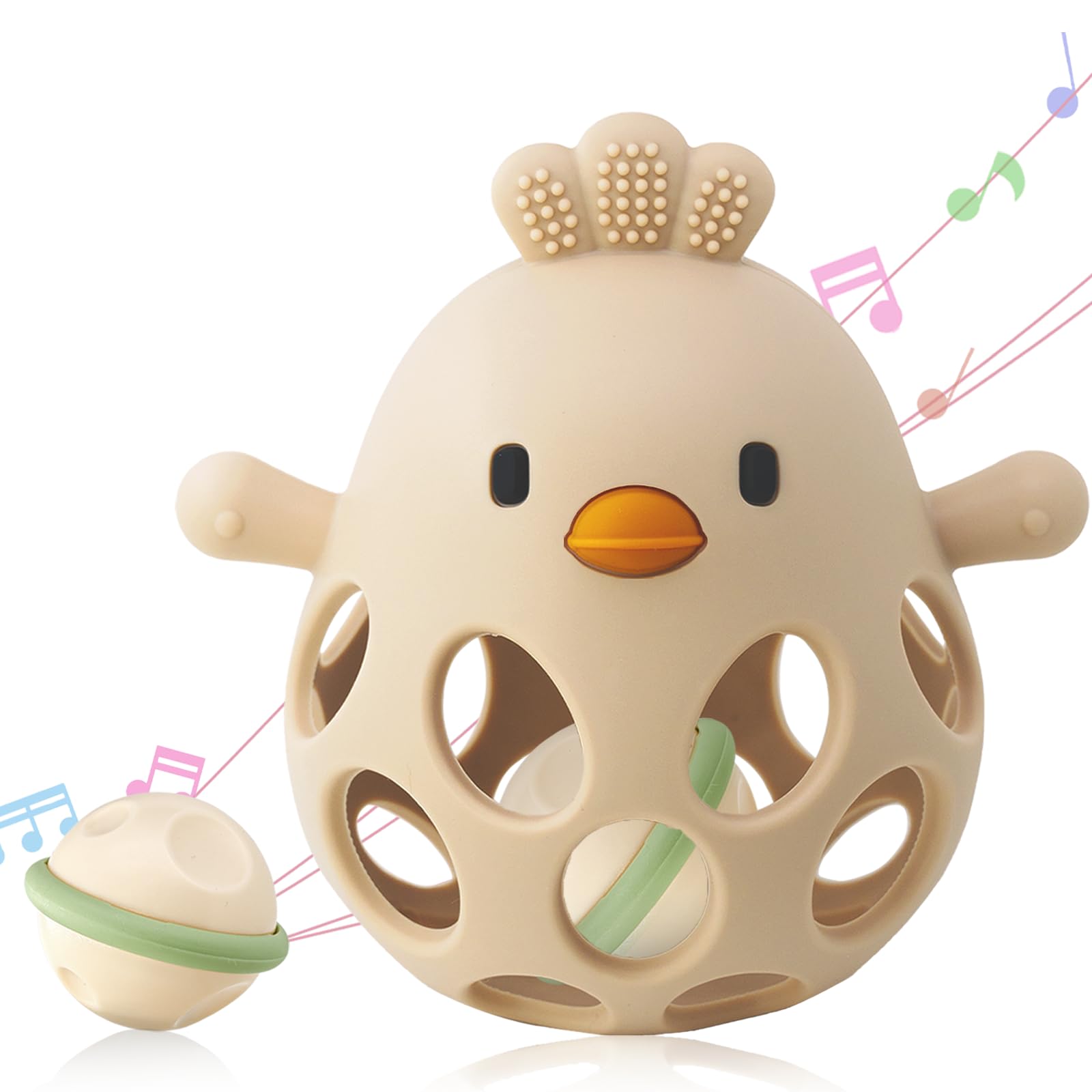 ChooKaChoo 2-in-1 Baby Teething Rattle Toy, Sensory Grasping Teether for Infants 3-12 Months, 100% Food-Grade Silicone, Easy to Hold, Soothing