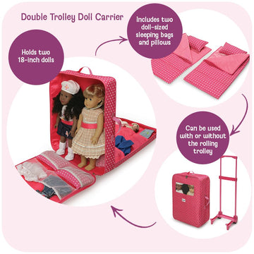 Badger Basket Double Trolley Doll Carrier with Two Sleeping Bags and Pillows - Perfect for 18-Inch Dolls in Pink Star Design