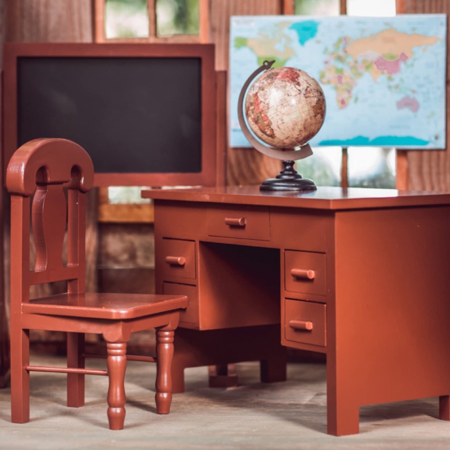 The Queen's Treasures 18 Inch Doll Furniture & Accessories, Vintage Style Wooden School Teachers Desk with Drawers that Open & Close, Globe,