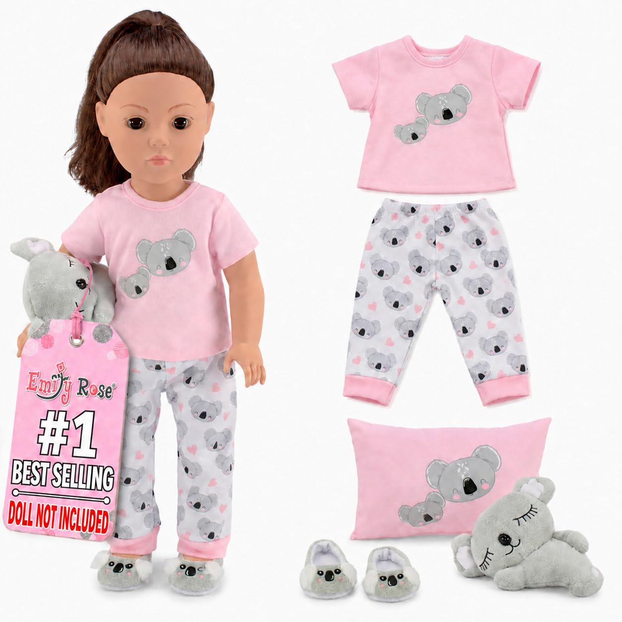 Emily Rose 18-Inch Doll Clothes 5-PC PJ Pajamas Sleepover Outfit 18" Doll Accessories Playset with Slippers, Pet Koala Toy and Pillow - Ideal Gift Set
