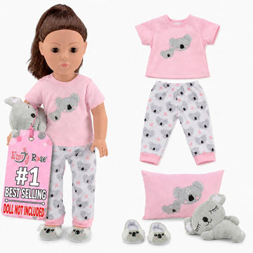 Emily Rose 18-Inch Doll Clothes 5-PC PJ Pajamas Sleepover Outfit 18" Doll Accessories Playset with Slippers, Pet Koala Toy and Pillow - Ideal Gift Set