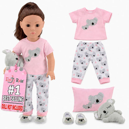 Emily Rose 18-Inch Doll Clothes 5-PC PJ Pajamas Sleepover Outfit 18" Doll Accessories Playset with Slippers, Pet Koala Toy and Pillow - Ideal Gift Set