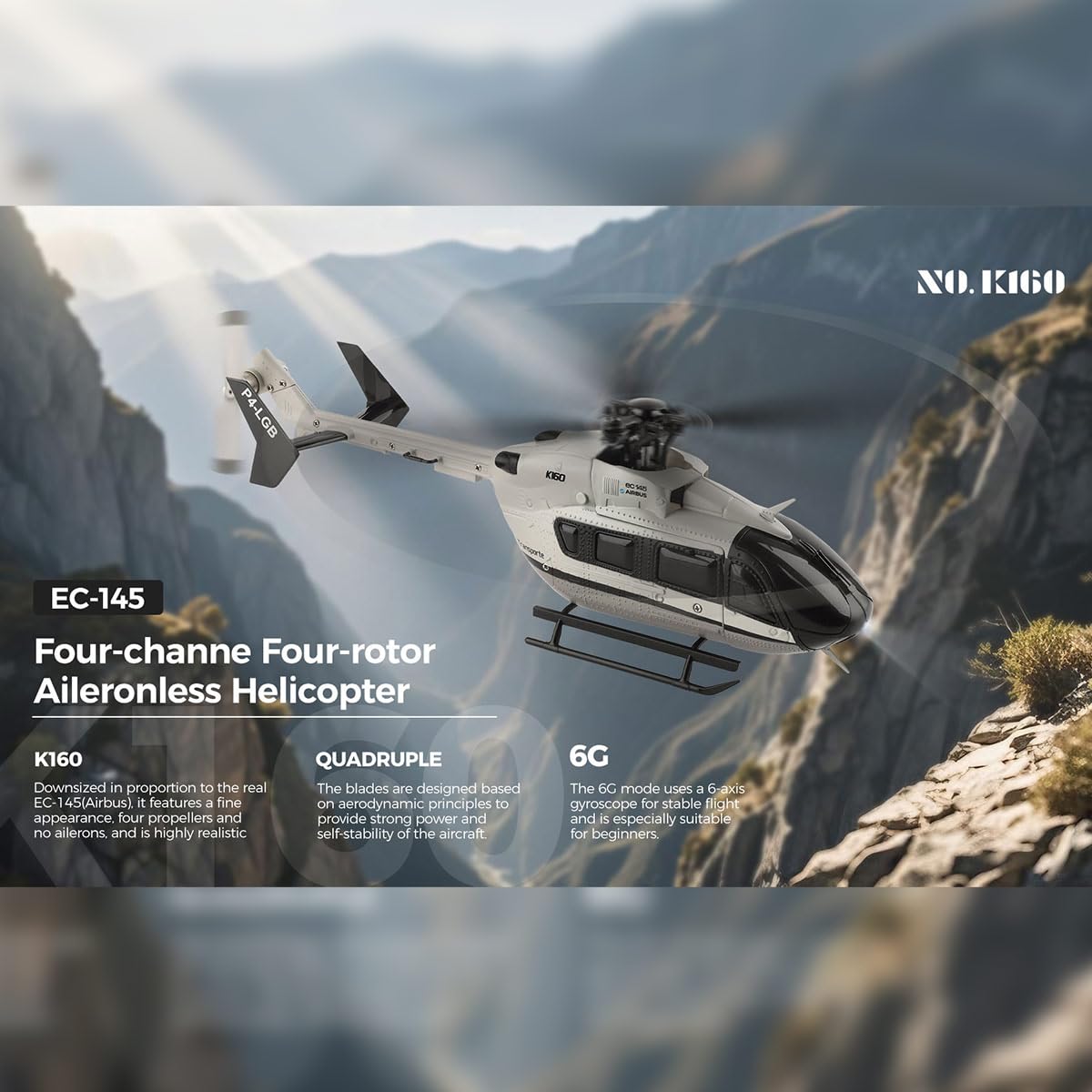 ConGamefun RC Helicopter, WL-K160 EC-145 160-Class 2.4G 4CH 4-Propeller Flybarless Scale RC Helicopter Model with Adjustable Left/Right-Hand Throttle